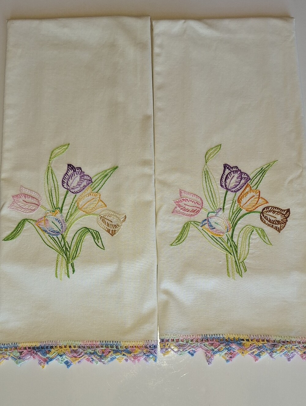 Vintage Handmade White Pillow Cases Tulips